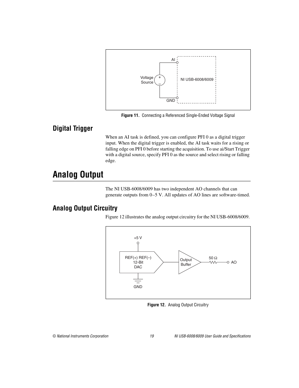 Digital trigger, Analog output, Analog output circuitry | Figure 12. analog output circuitry | National Instruments NI USB-6008/6009 User Manual | Page 19 / 32