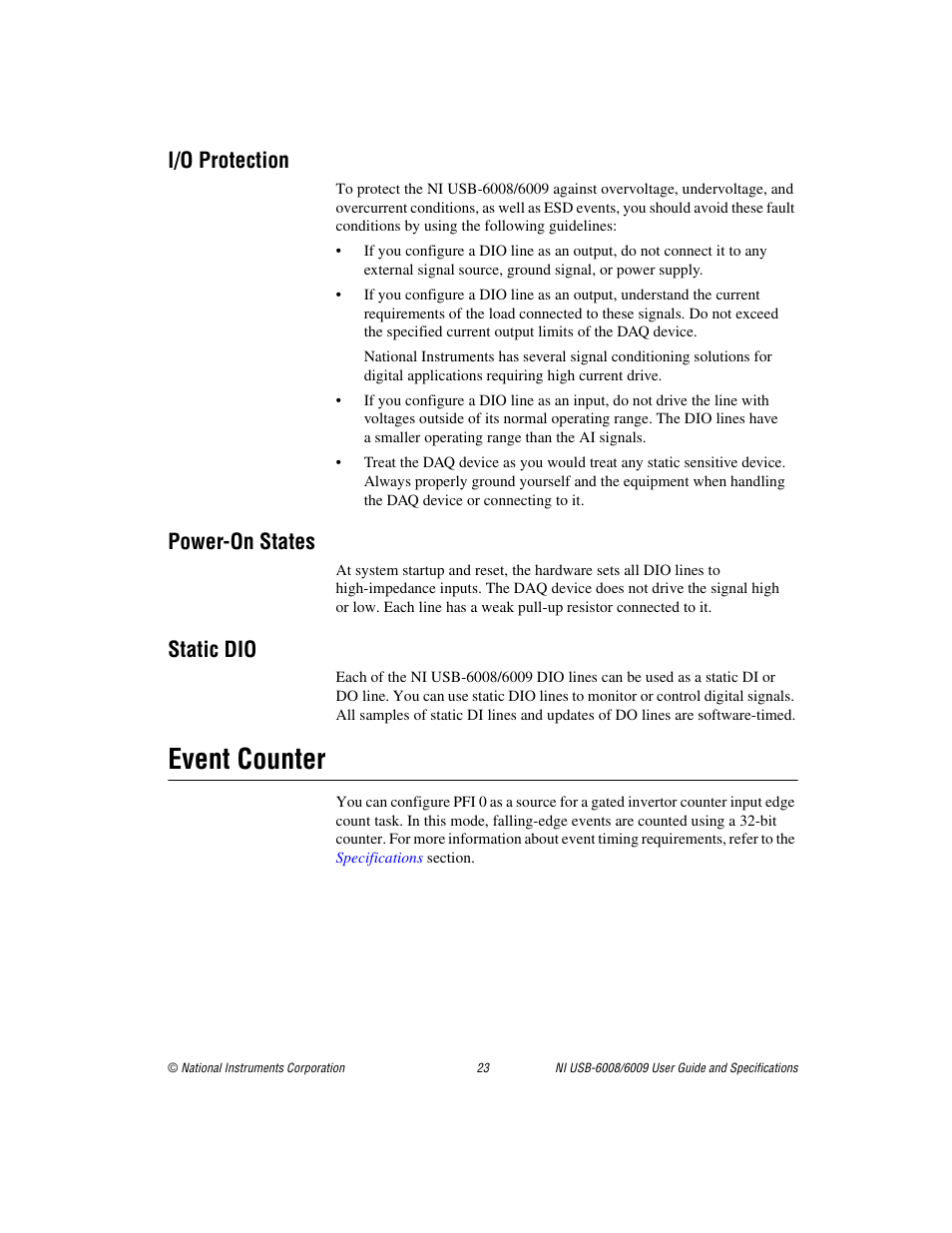 I/o protection, Power-on states, Static dio | Event counter | National Instruments NI USB-6008/6009 User Manual | Page 23 / 32