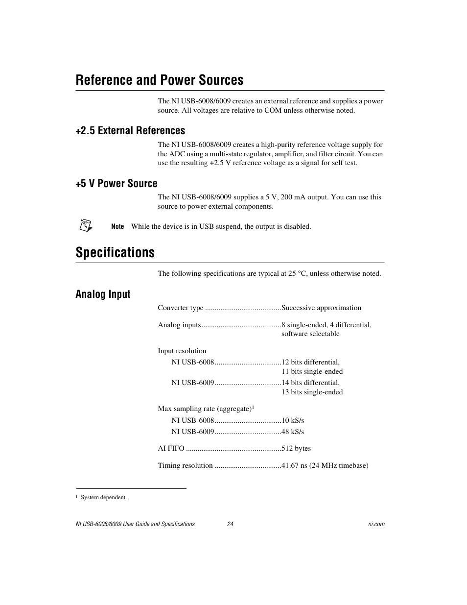 Reference and power sources, 5 external references, 5 v power source | Specifications, Analog input, Are listed in the | National Instruments NI USB-6008/6009 User Manual | Page 24 / 32