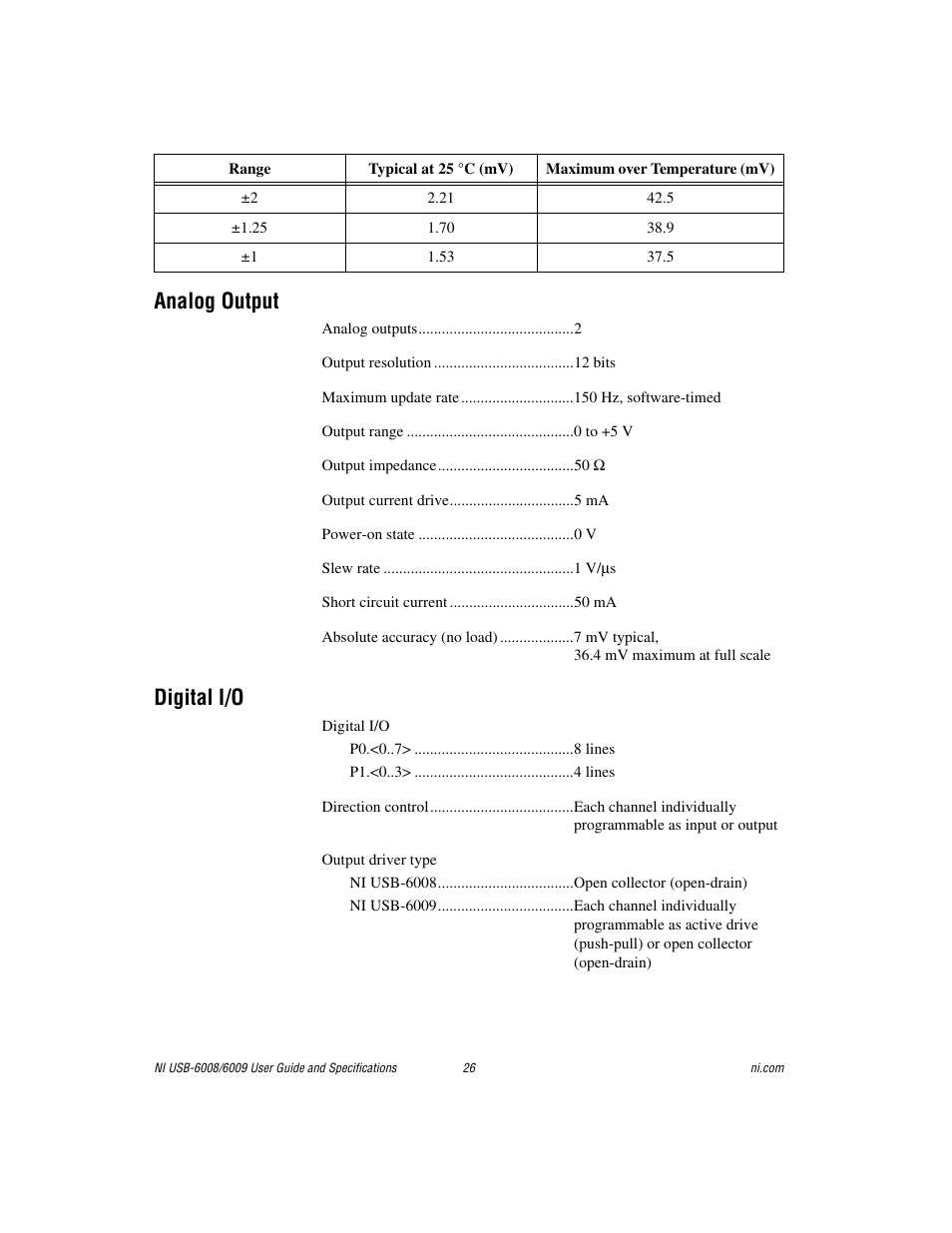 Analog output, Digital i/o | National Instruments NI USB-6008/6009 User Manual | Page 26 / 32