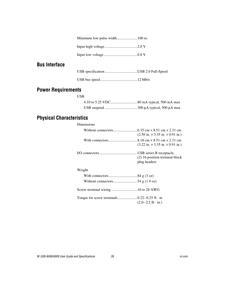 Bus interface, Power requirements, Physical characteristics | National Instruments NI USB-6008/6009 User Manual | Page 28 / 32
