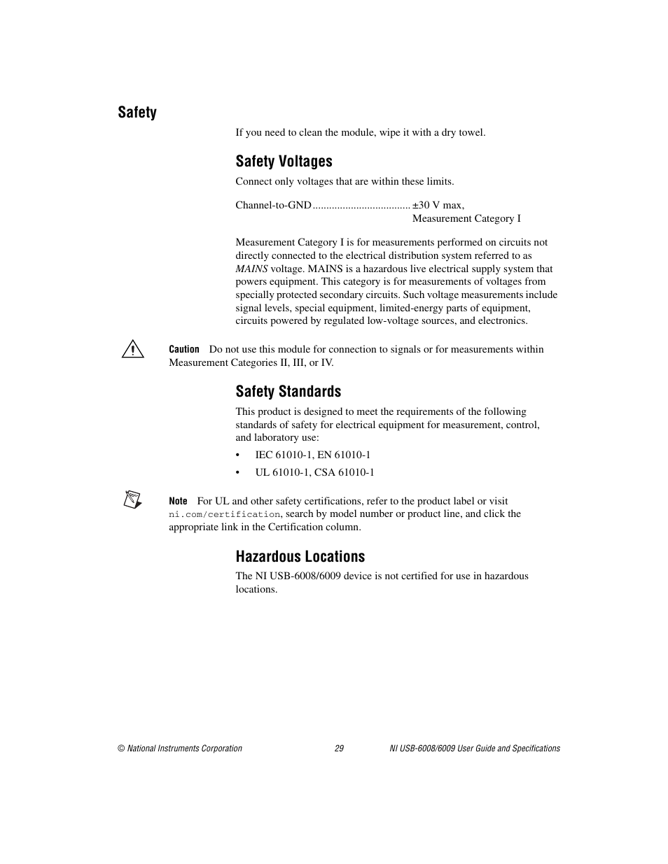 Safety, Safety voltages, Safety standards | Hazardous locations | National Instruments NI USB-6008/6009 User Manual | Page 29 / 32