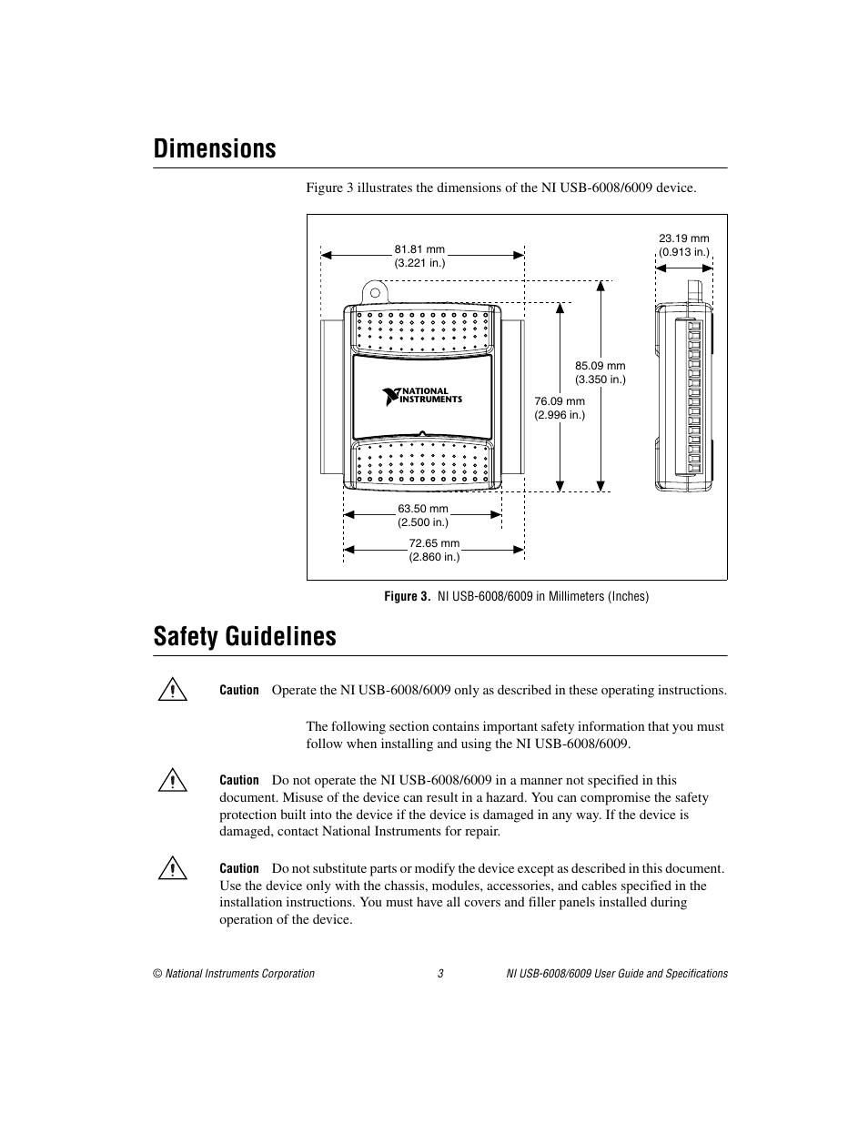 Dimensions, Figure 3. ni usb-6008/6009 in millimeters (inches), Safety guidelines | National Instruments NI USB-6008/6009 User Manual | Page 3 / 32