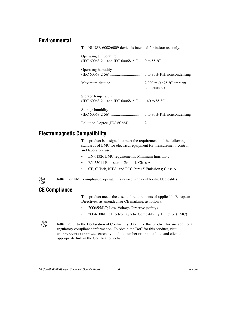 Environmental, Electromagnetic compatibility, Ce compliance | National Instruments NI USB-6008/6009 User Manual | Page 30 / 32