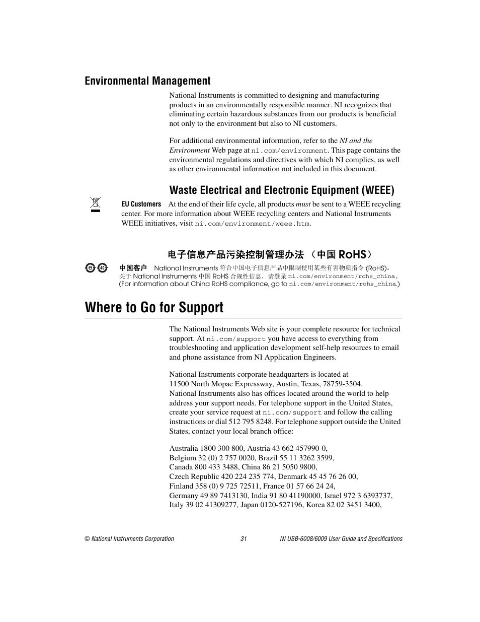 Environmental management, Where to go for support, Rohs | Waste electrical and electronic equipment (weee), ᄤֵᙃѻક∵ᶧ᥻ࠊㅵ⧚ࡲ⊩ ˄ё | National Instruments NI USB-6008/6009 User Manual | Page 31 / 32
