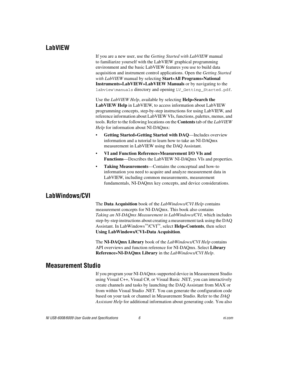 Labview, Labwindows/cvi, Measurement studio | National Instruments NI USB-6008/6009 User Manual | Page 6 / 32