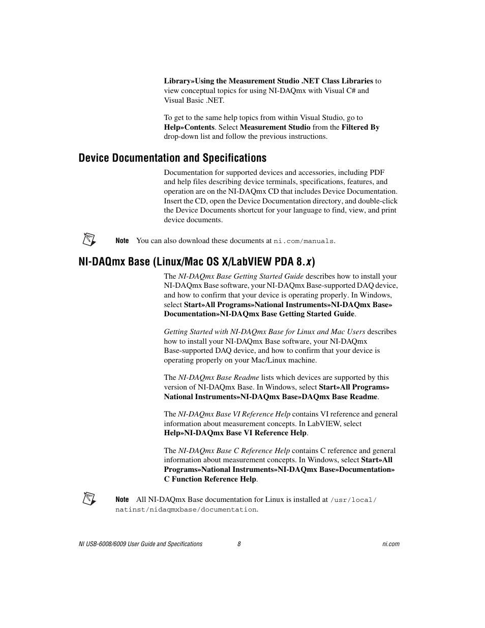 Device documentation and specifications, Ni-daqmx base (linux/mac os x/labview pda 8. x ) | National Instruments NI USB-6008/6009 User Manual | Page 8 / 32