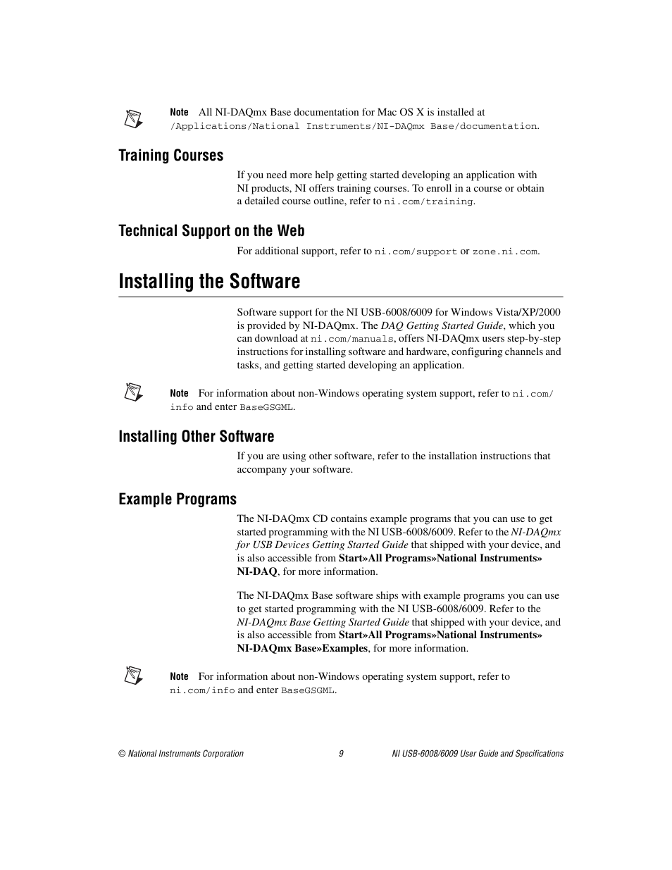 Training courses, Technical support on the web, Installing the software | Installing other software, Example programs | National Instruments NI USB-6008/6009 User Manual | Page 9 / 32