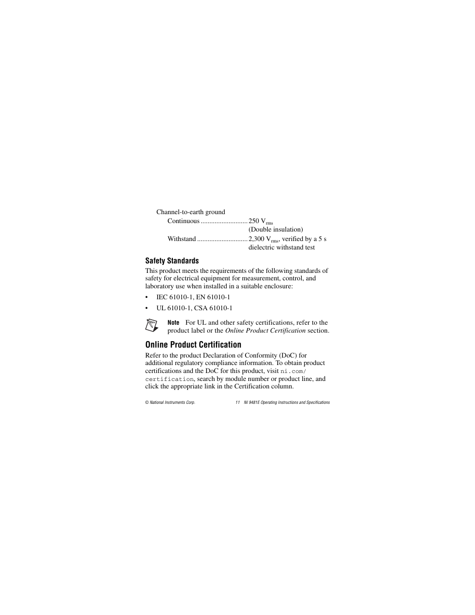 Safety standards, Online product certification | National Instruments NI 9481E User Manual | Page 11 / 16