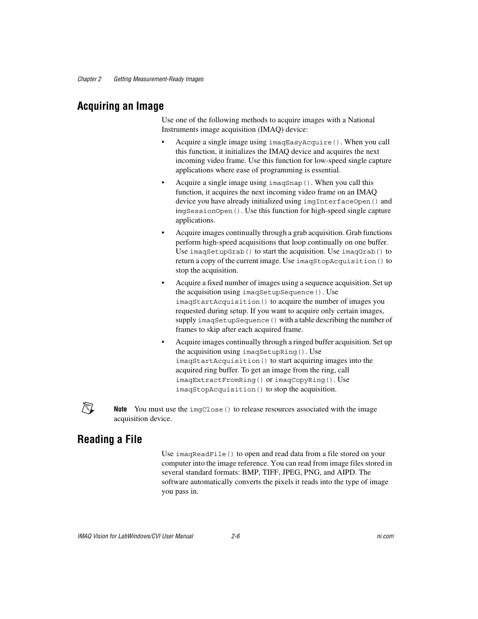 Acquiring an image, Reading a file, Acquiring an image -6 reading a file -6 | National Instruments IMAQ Vision for Measurement Studio User Manual | Page 19 / 114