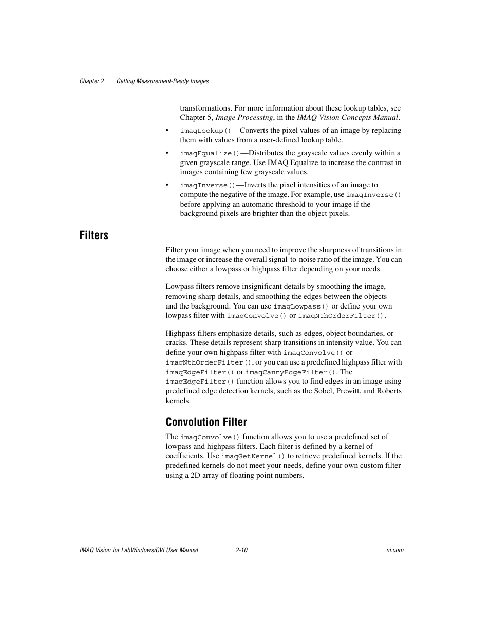 Filters, Convolution filter, Filters -10 | Convolution filter -10 | National Instruments IMAQ Vision for Measurement Studio User Manual | Page 23 / 114