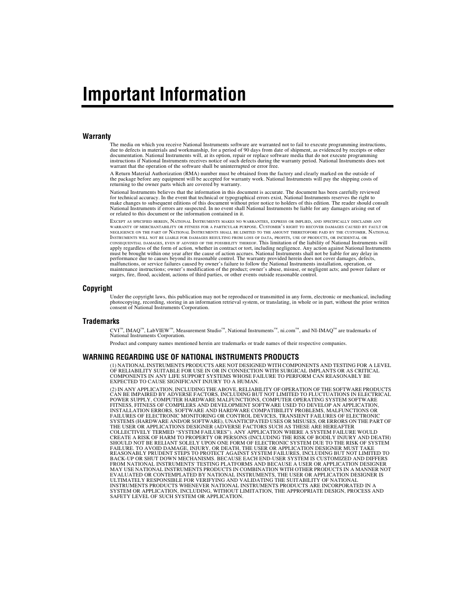 Important information, Warranty, Copyright | Trademarks | National Instruments IMAQ Vision for Measurement Studio User Manual | Page 3 / 114