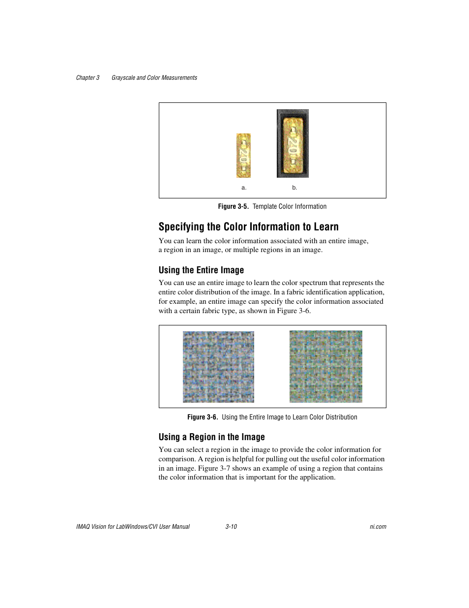 Figure 3-5. template color information, Specifying the color information to learn, Specifying the color information to learn -10 | Using the entire image, Using a region in the image | National Instruments IMAQ Vision for Measurement Studio User Manual | Page 36 / 114