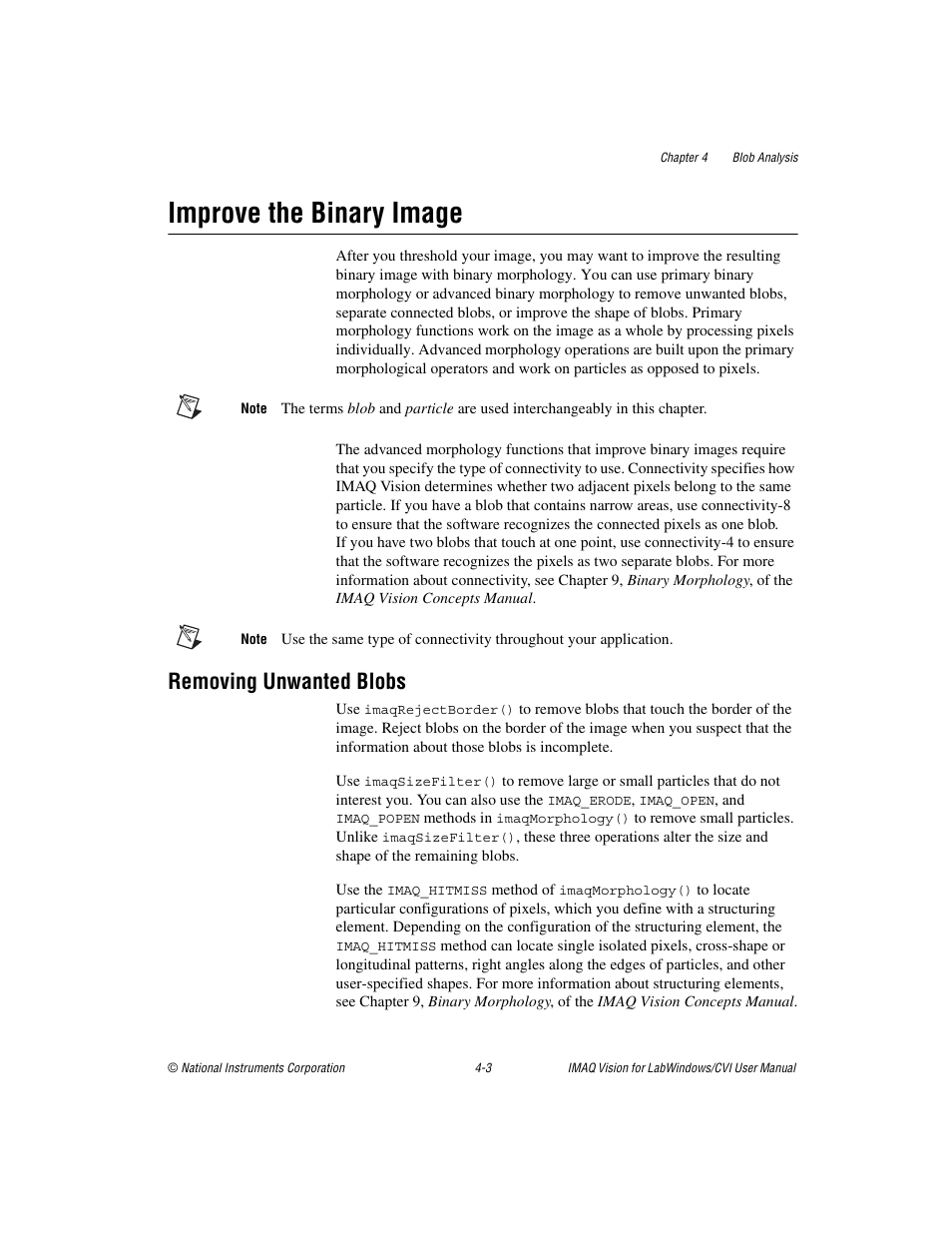 Improve the binary image, Removing unwanted blobs, Improve the binary image -3 | Removing unwanted blobs -3 | National Instruments IMAQ Vision for Measurement Studio User Manual | Page 42 / 114
