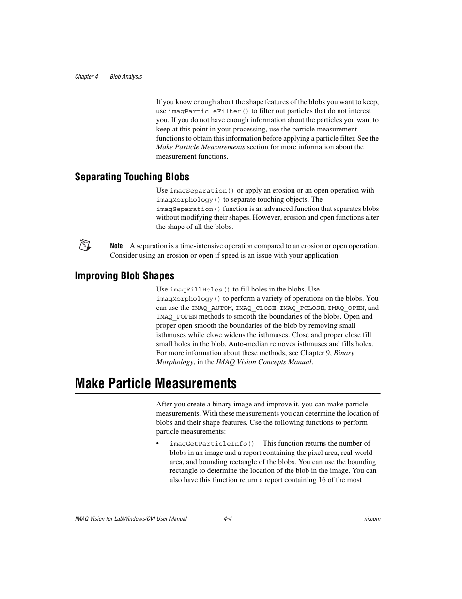 Separating touching blobs, Improving blob shapes, Make particle measurements | Make particle measurements -4 | National Instruments IMAQ Vision for Measurement Studio User Manual | Page 43 / 114
