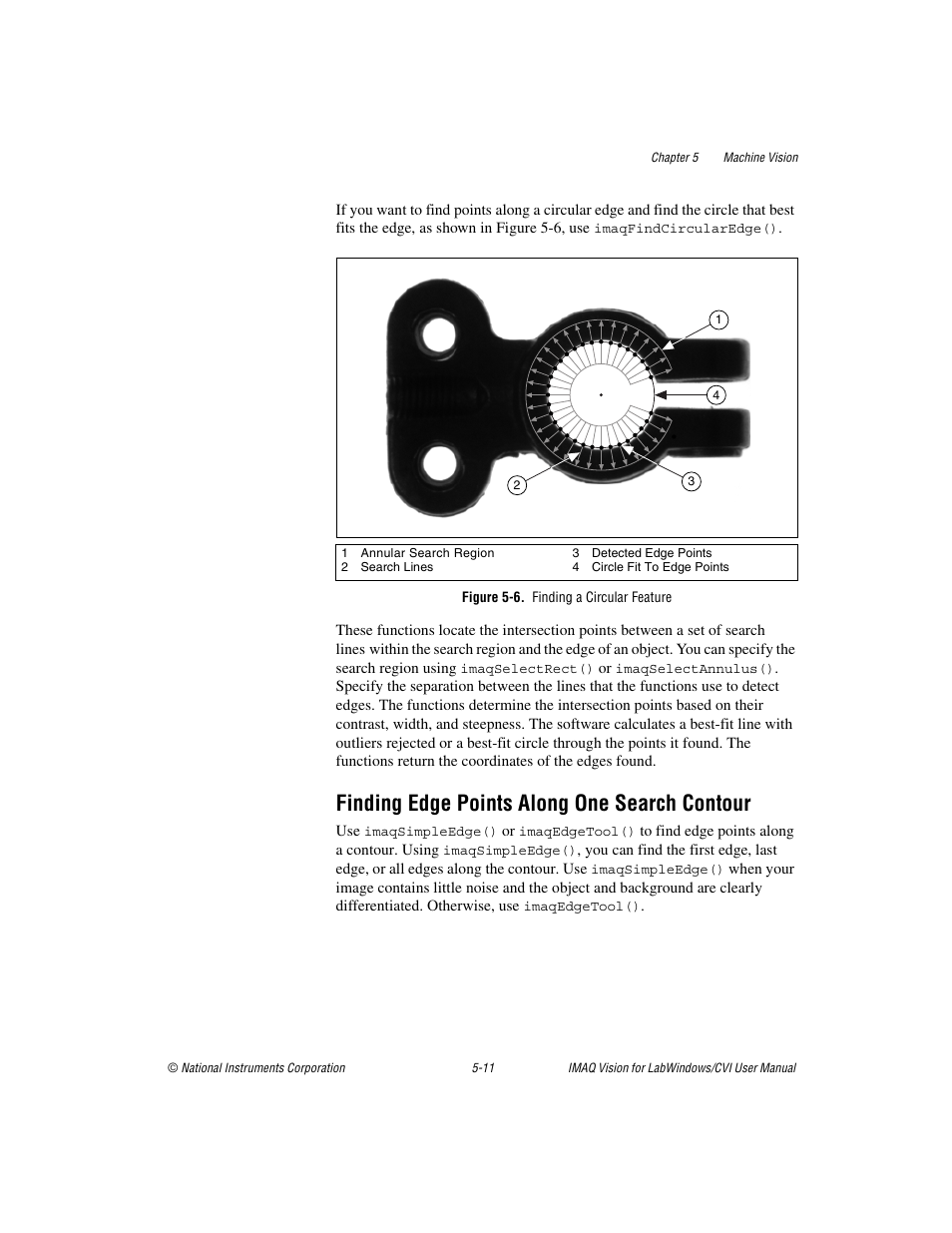 Figure 5-6. finding a circular feature, Finding edge points along one search contour, Finding edge points along one search contour -11 | National Instruments IMAQ Vision for Measurement Studio User Manual | Page 57 / 114