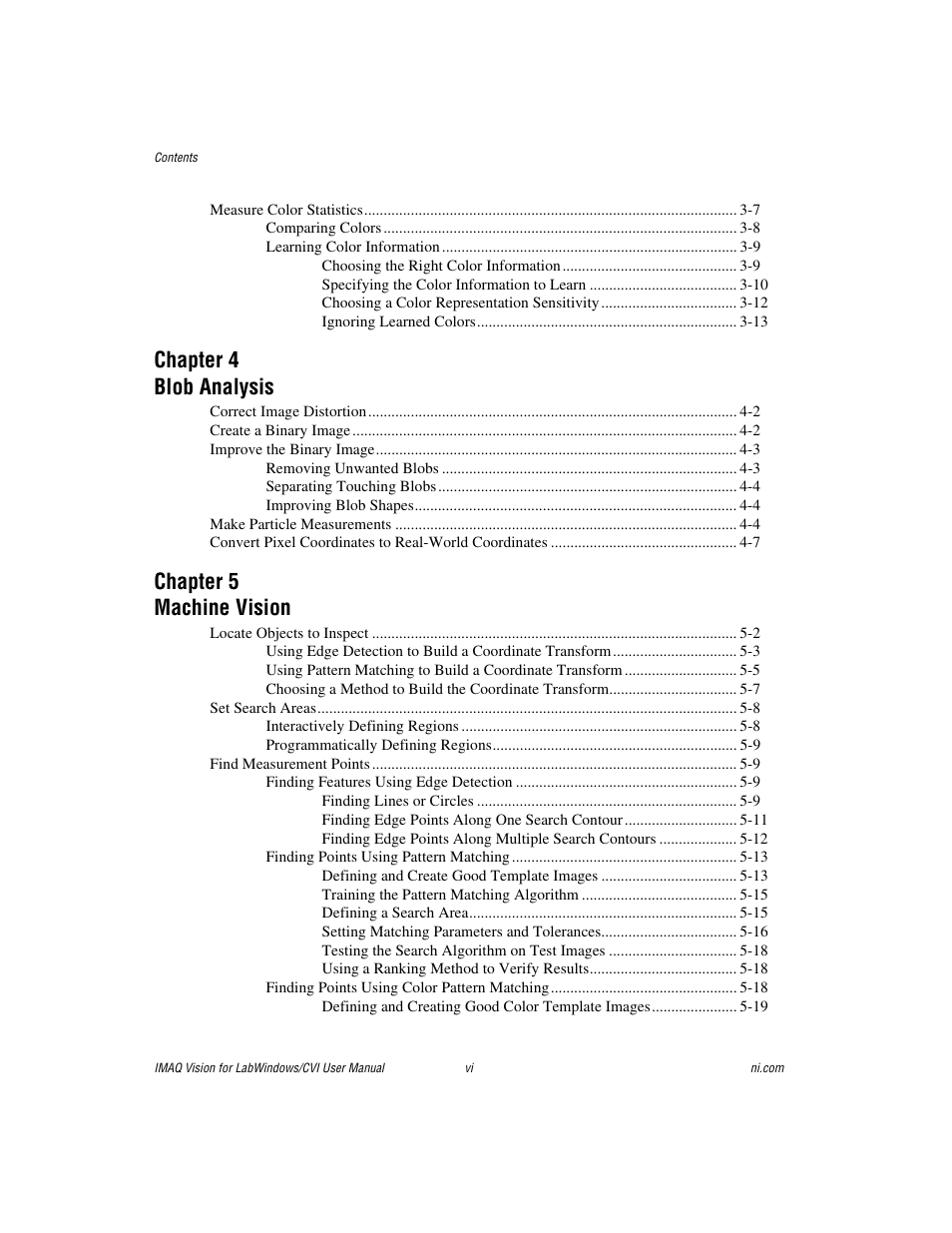Chapter 4 blob analysis, Chapter 5 machine vision | National Instruments IMAQ Vision for Measurement Studio User Manual | Page 6 / 114