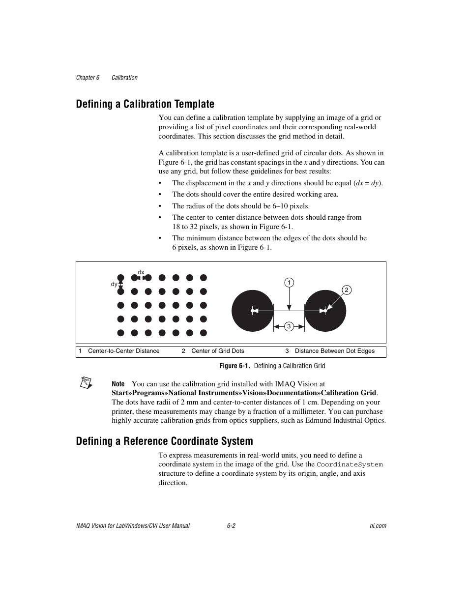 Definingacalibration template, Figure 6-1. defining a calibration grid, Defininga reference coordinate system | Defining a calibration template, Defining a reference coordinate system | National Instruments IMAQ Vision for Measurement Studio User Manual | Page 77 / 114