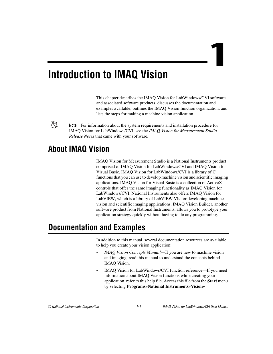 Chapter 1 introduction to imaq vision, About imaq vision, Documentation and examples | About imaq vision -1 documentation and examples -1, Introduction to imaq vision | National Instruments IMAQ Vision for Measurement Studio User Manual | Page 8 / 114