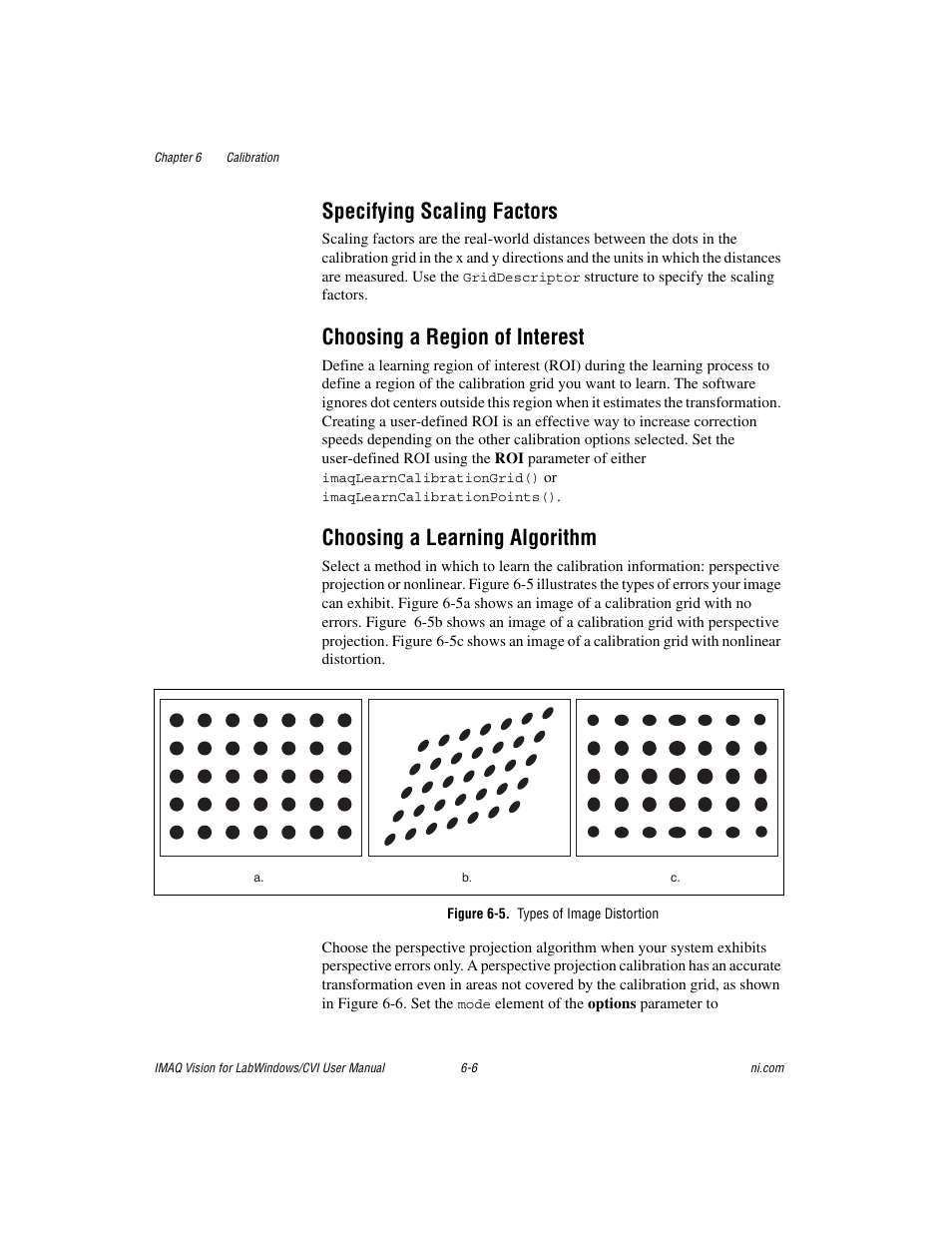 Specifying scaling factors, Choosing a region of interest, Choosing a learning algorithm | Figure 6-5. types of image distortion | National Instruments IMAQ Vision for Measurement Studio User Manual | Page 81 / 114