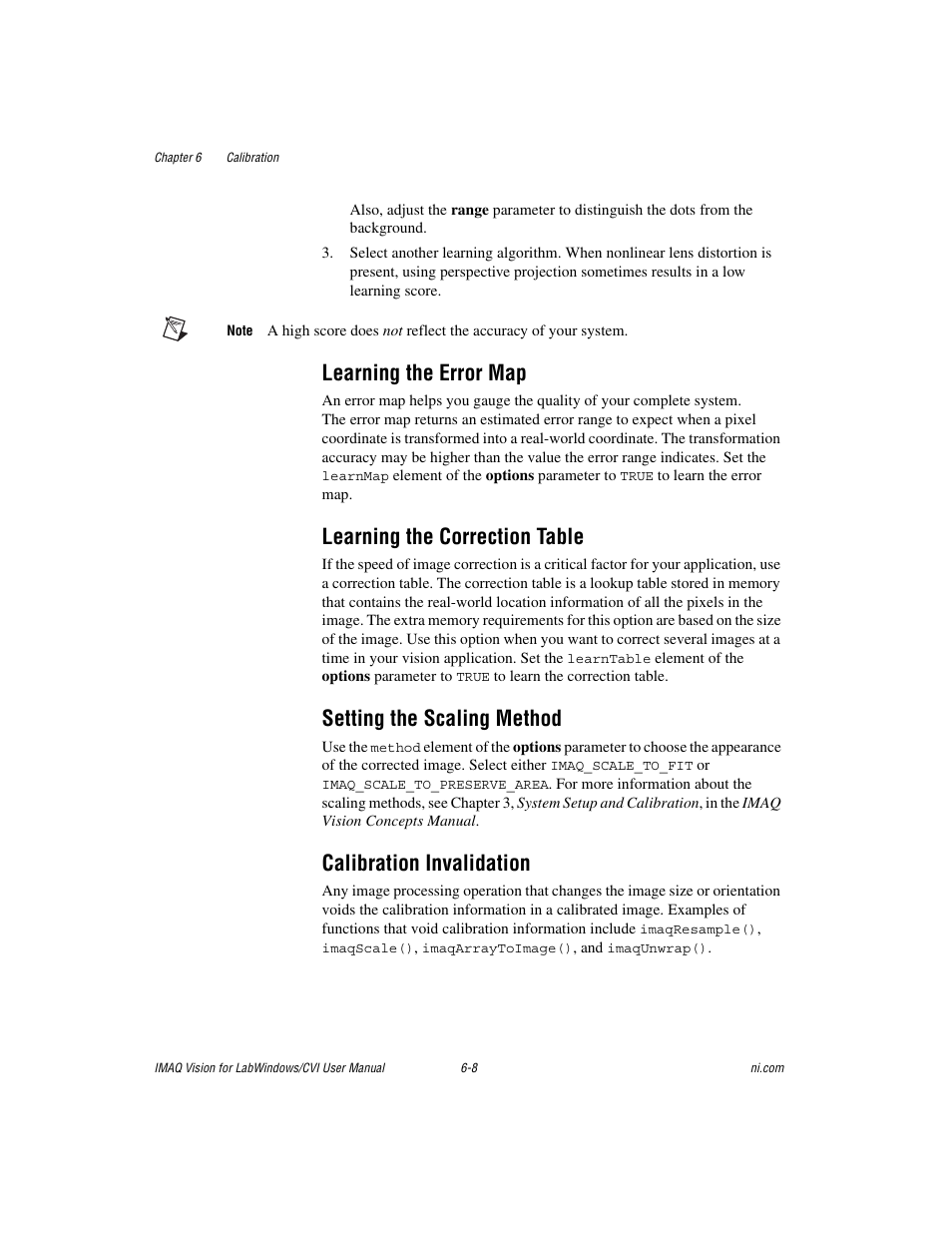 Learning the error map, Learning the correction table, Setting the scaling method | Calibration invalidation | National Instruments IMAQ Vision for Measurement Studio User Manual | Page 83 / 114