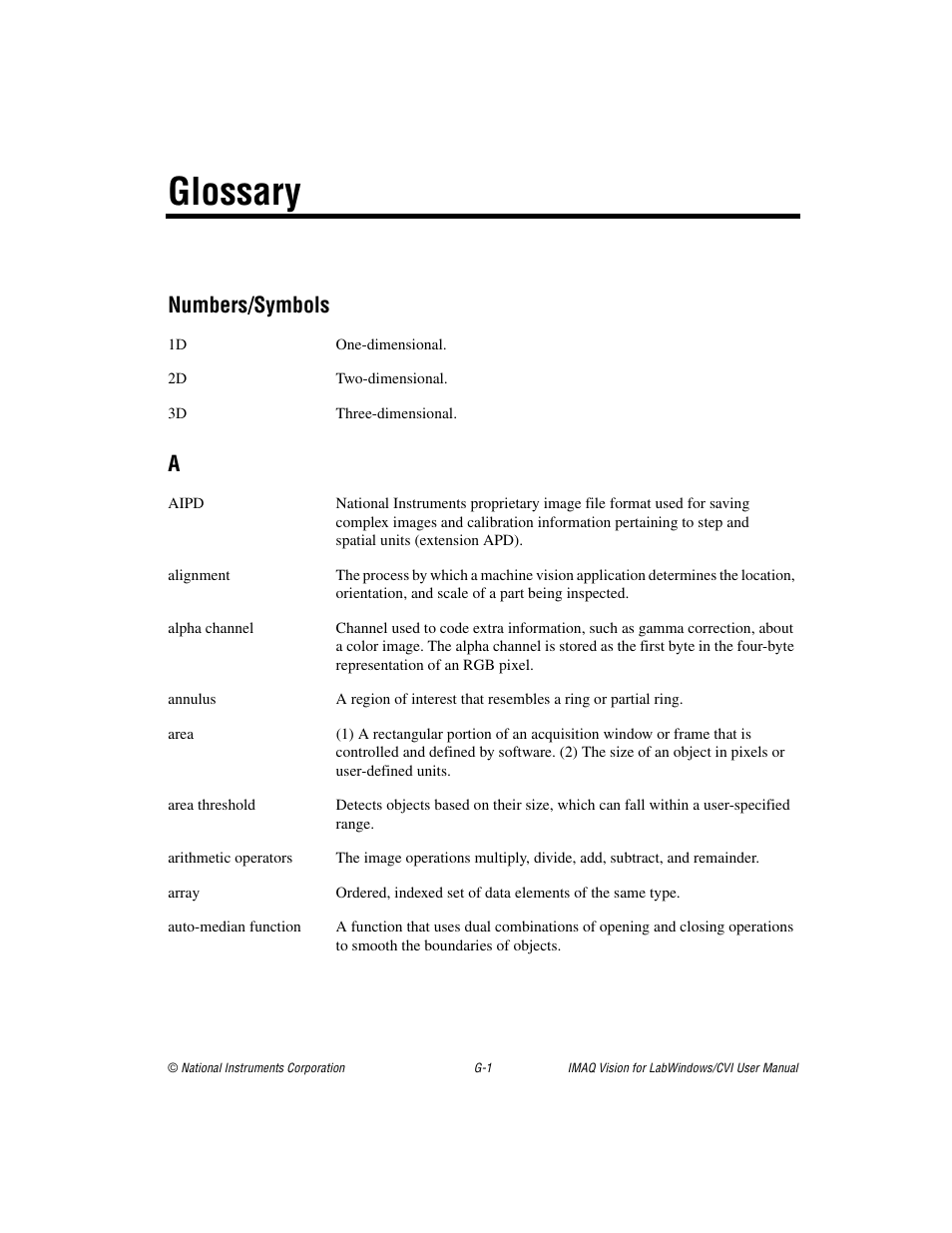 Glossary, Numbers/symbols | National Instruments IMAQ Vision for Measurement Studio User Manual | Page 88 / 114