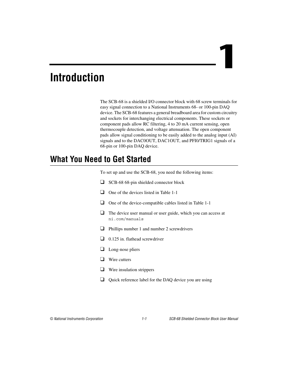 Chapter 1 introduction, What you need to get started, What you need to get started -1 | Introduction | National Instruments SCB-68 User Manual | Page 11 / 104