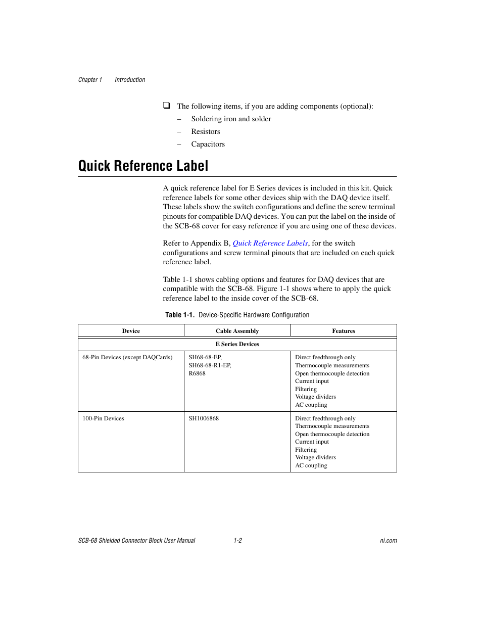 Quick reference label, Table 1-1. device-specific hardware configuration, Quick reference label -2 | National Instruments SCB-68 User Manual | Page 12 / 104