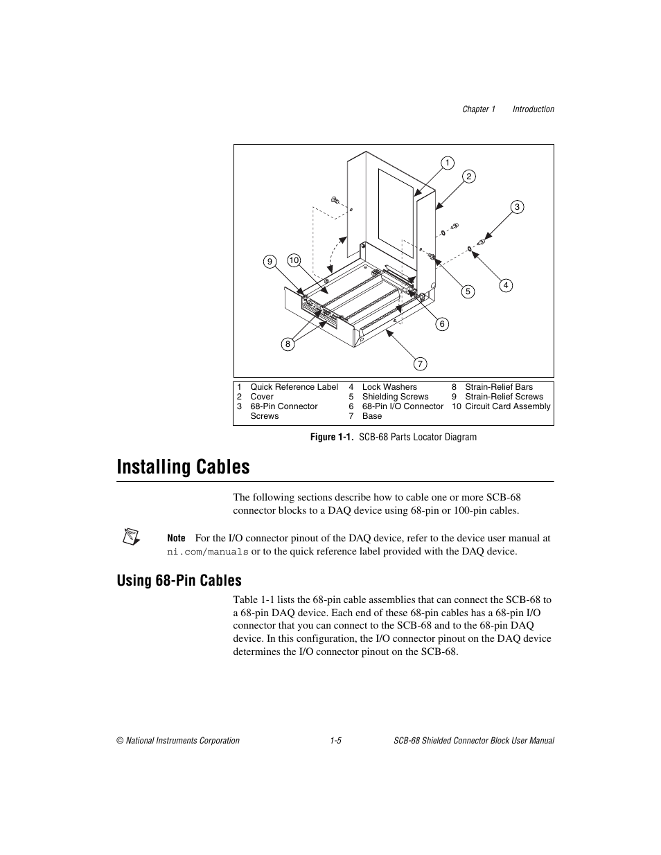 Figure 1-1. scb-68 parts locator diagram, Installing cables, Using 68-pin cables | Installing cables -5, Using 68-pin cables -5, B-68. figure 1-1 | National Instruments SCB-68 User Manual | Page 15 / 104