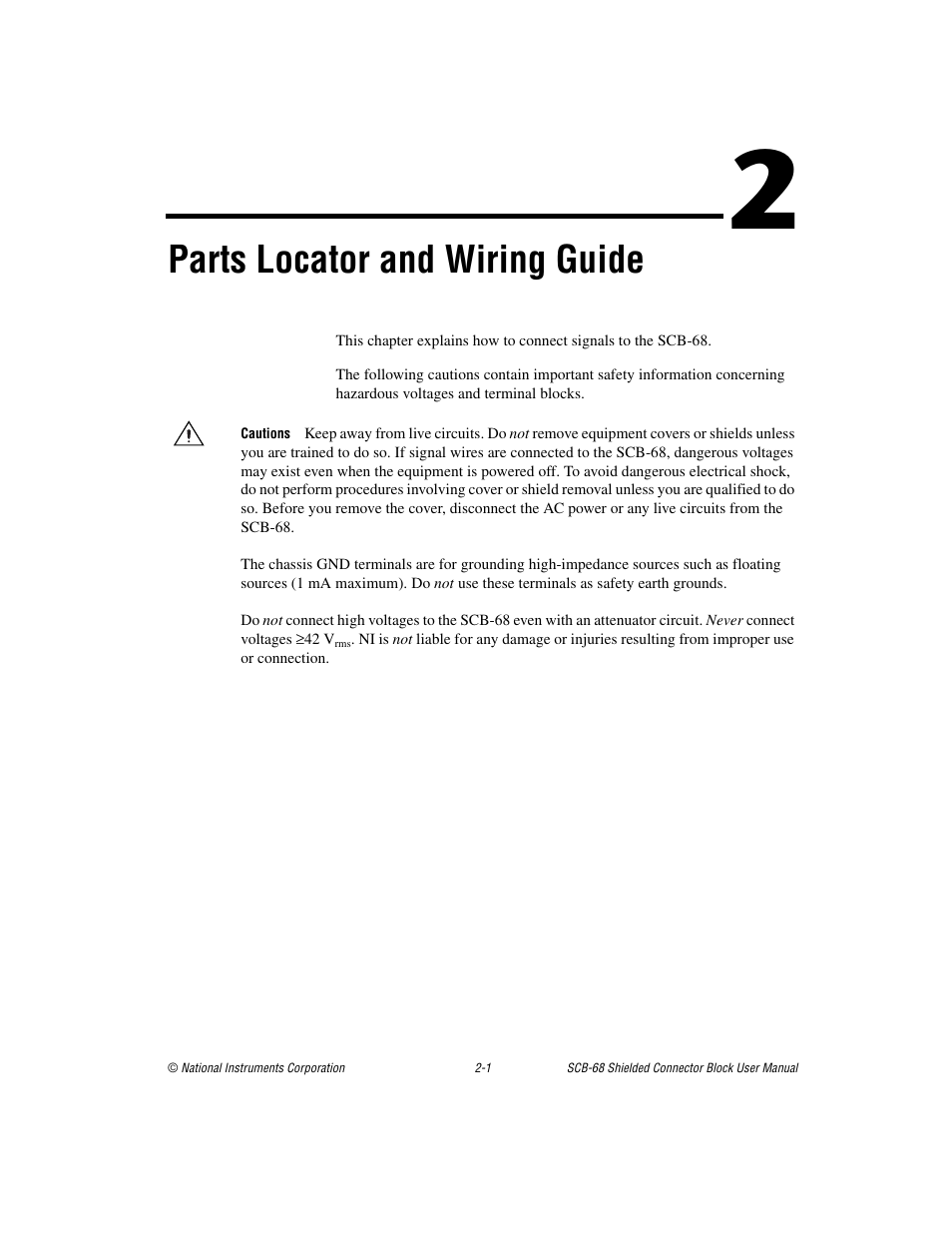 Chapter 2 parts locator and wiring guide, Parts locator and wiring guide | National Instruments SCB-68 User Manual | Page 24 / 104