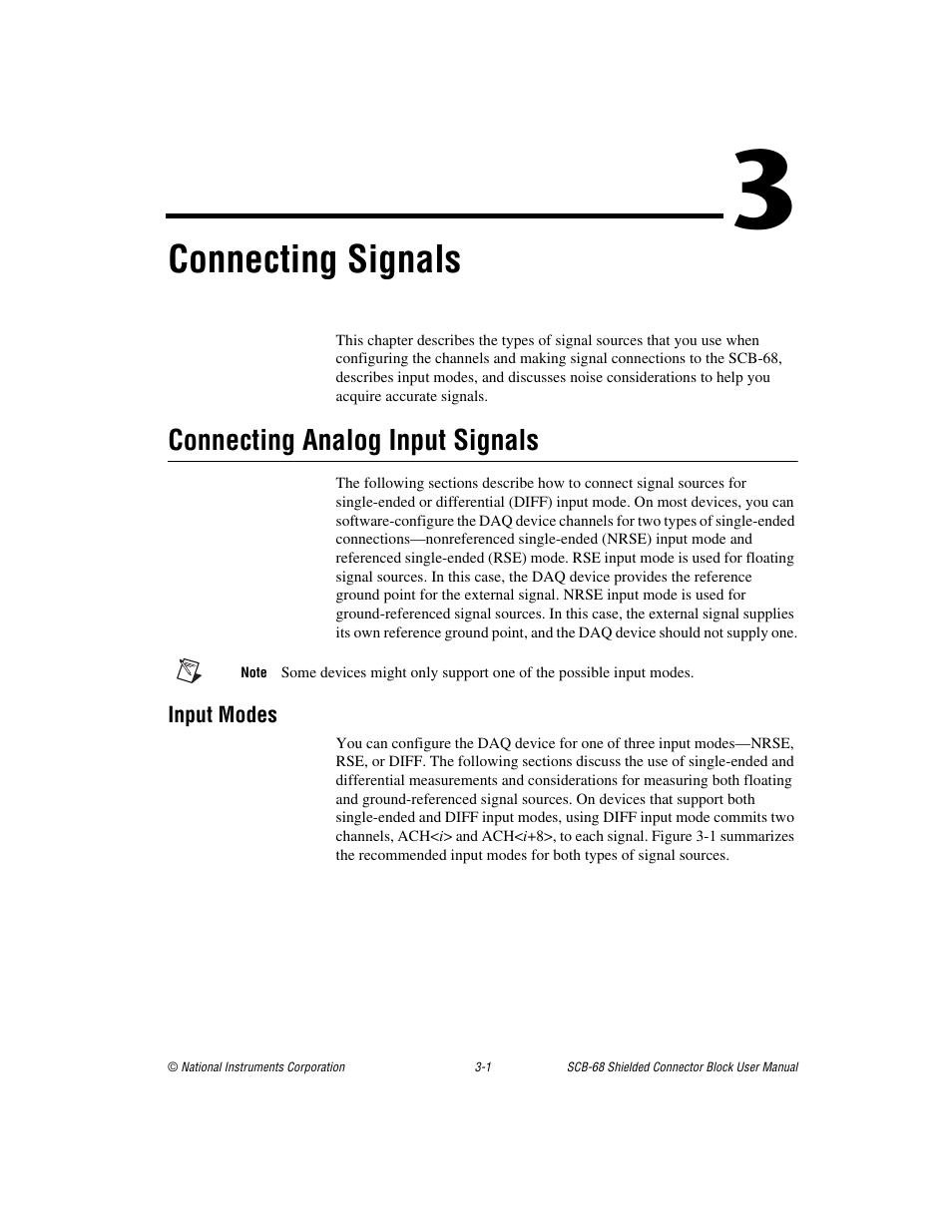 Chapter 3 connecting signals, Connecting analog input signals, Input modes | Connecting analog input signals -1, Input modes -1, Connecting signals | National Instruments SCB-68 User Manual | Page 29 / 104