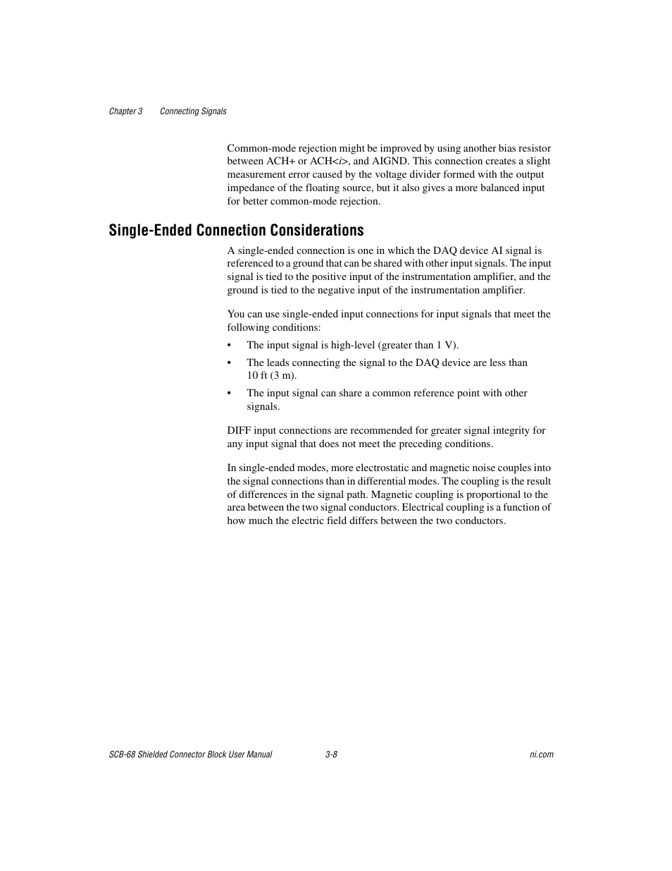 Single-ended connection considerations, Single-ended connection considerations -8 | National Instruments SCB-68 User Manual | Page 36 / 104