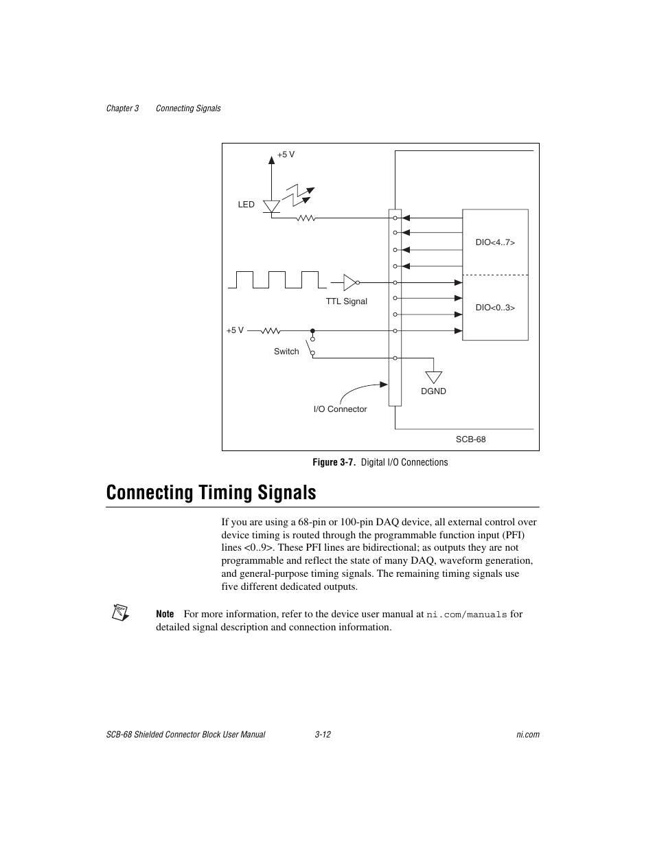 Figure 3-7. digital i/o connections, Connecting timing signals, Connecting timing signals -12 | Gure 3-7 | National Instruments SCB-68 User Manual | Page 40 / 104