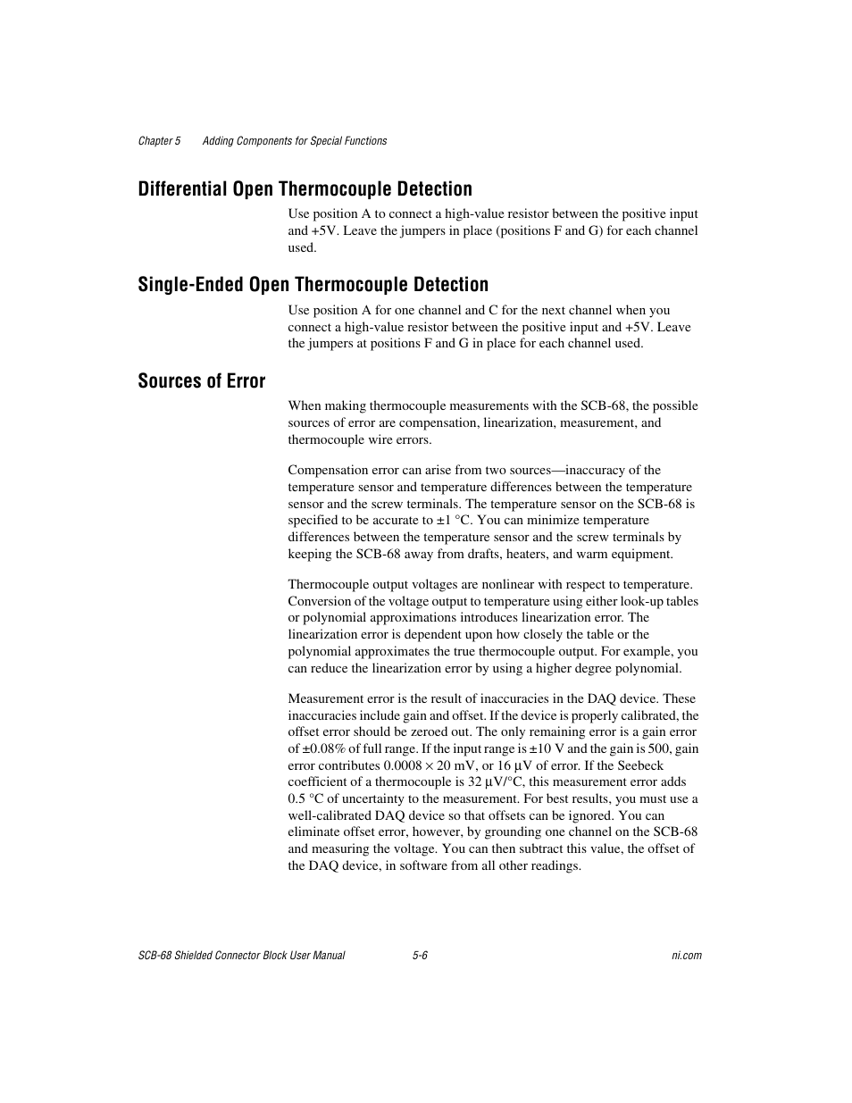 Differential open thermocouple detection, Single-ended open thermocouple detection, Sources of error | National Instruments SCB-68 User Manual | Page 51 / 104