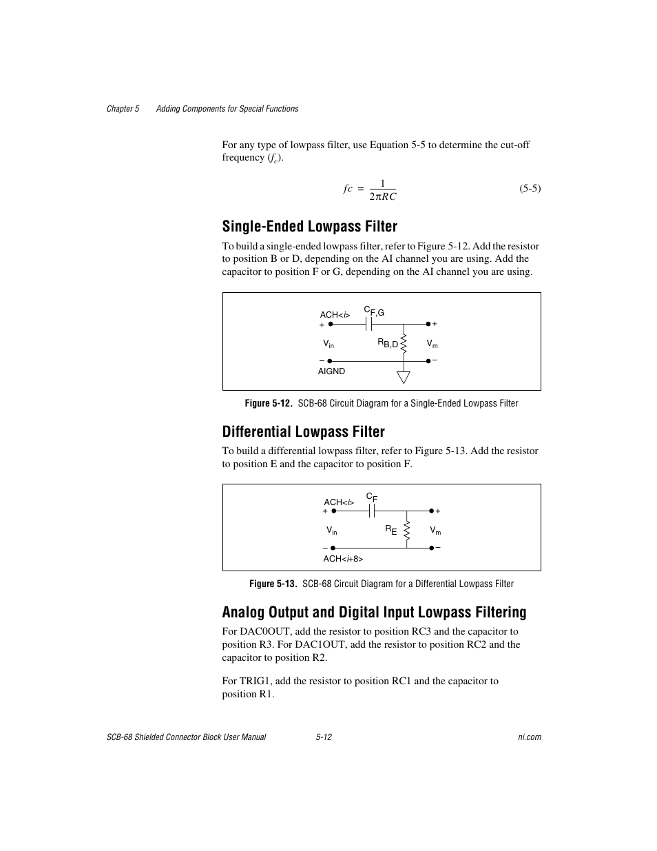 Single-ended lowpass filter, Differential lowpass filter, Analog output and digital input lowpass filtering | National Instruments SCB-68 User Manual | Page 57 / 104