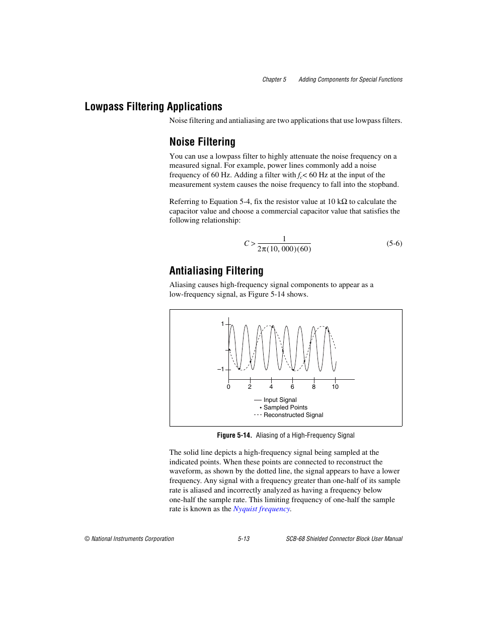 Lowpass filtering applications, Noise filtering, Antialiasing filtering | Figure 5-14. aliasing of a high-frequency signal, Lowpass filtering applications -13, Noise filtering -13 antialiasing filtering -13 | National Instruments SCB-68 User Manual | Page 58 / 104