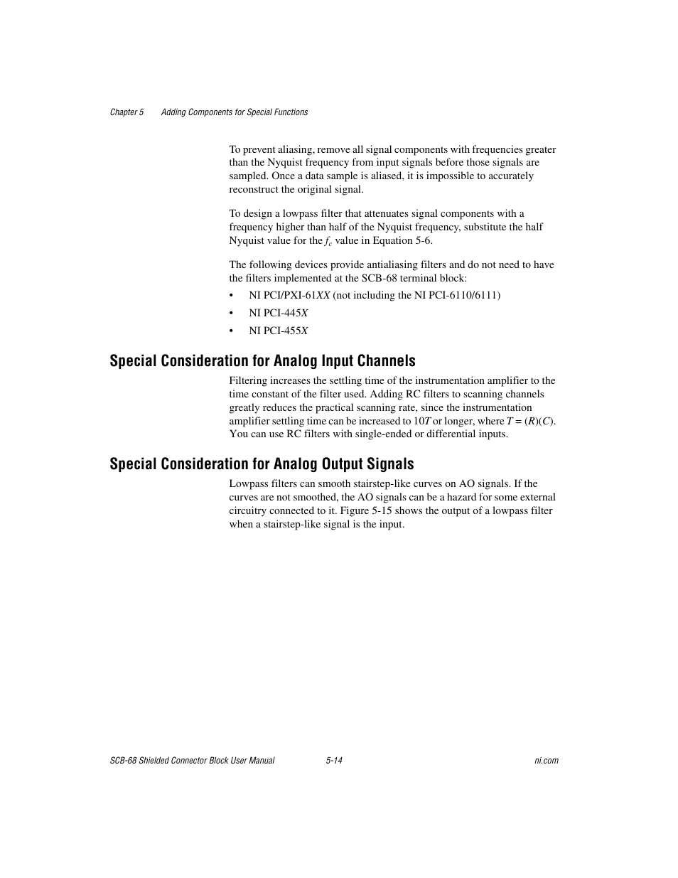 Special consideration for analog input channels, Special consideration for analog output signals | National Instruments SCB-68 User Manual | Page 59 / 104