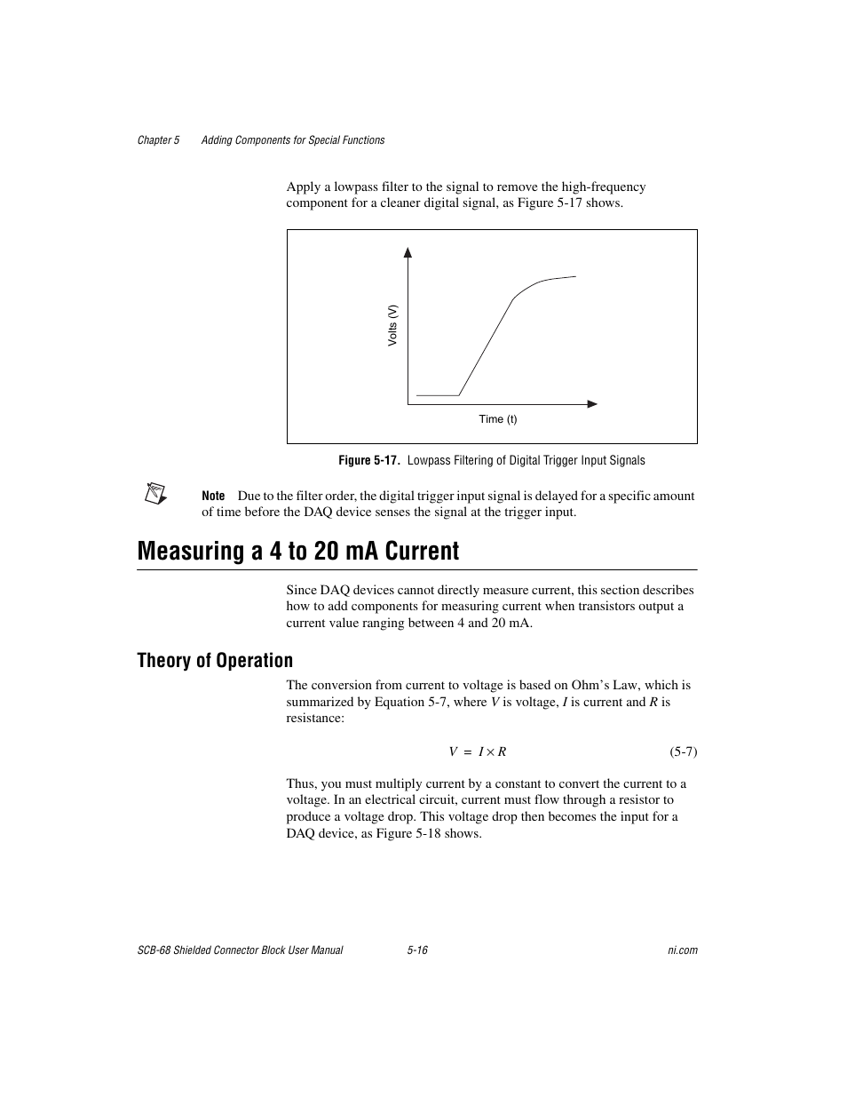 Measuring a 4 to 20ma current, Theory of operation, Measuring a 4 to 20 ma current -16 | Theory of operation -16, Measuring a 4 to 20 ma current | National Instruments SCB-68 User Manual | Page 61 / 104