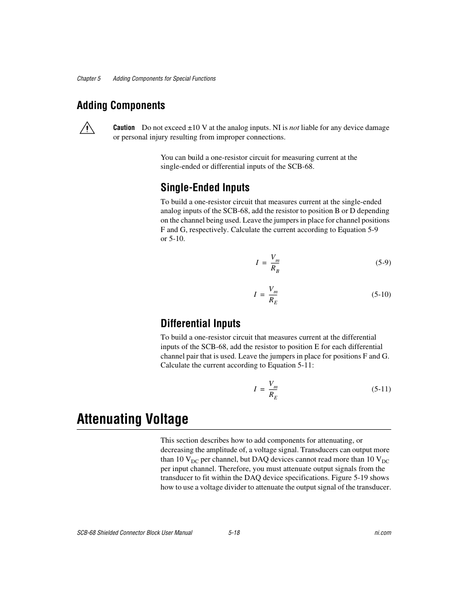 Adding components, Single-ended inputs, Differential inputs | Attenuating voltage, Adding components -18, Single-ended inputs -18 differential inputs -18, Attenuating voltage -18 | National Instruments SCB-68 User Manual | Page 63 / 104