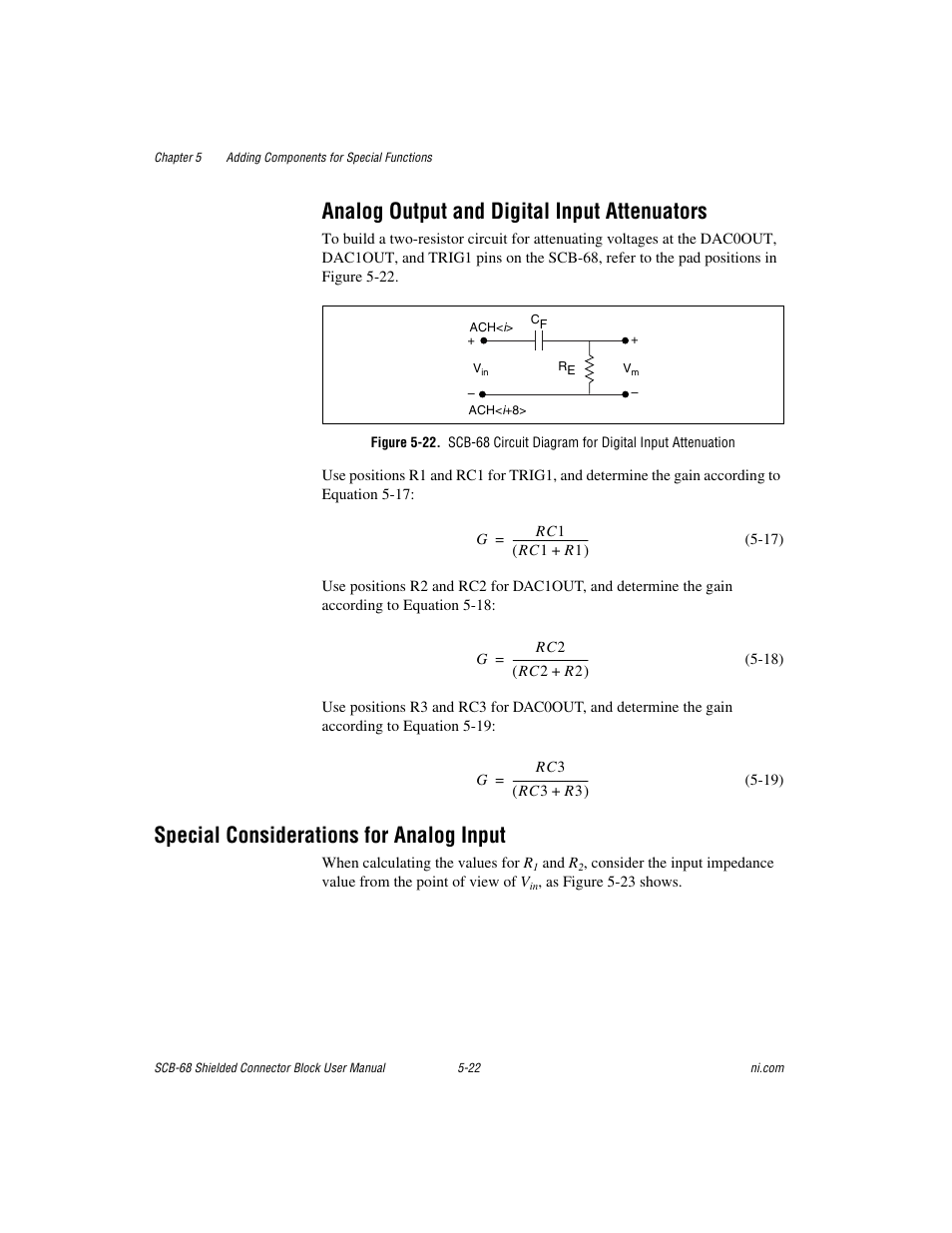 Analog output and digital input attenuators, Special considerations for analog input, Analog output and digital input attenuators -22 | Special considerations for analog input -22 | National Instruments SCB-68 User Manual | Page 67 / 104