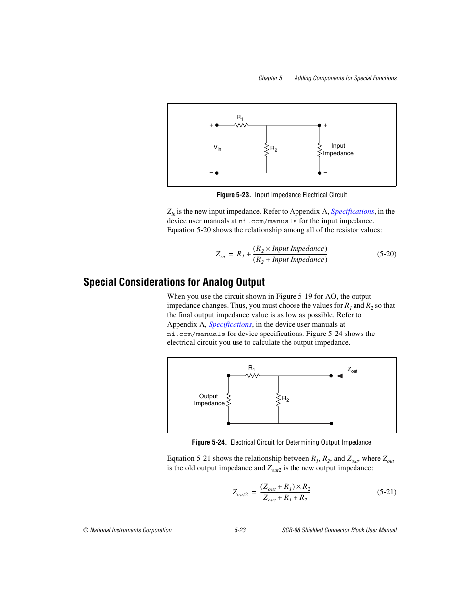 Figure 5-23. input impedance electrical circuit, Special considerations for analog output, Special considerations for analog output -23 | 23 sho | National Instruments SCB-68 User Manual | Page 68 / 104