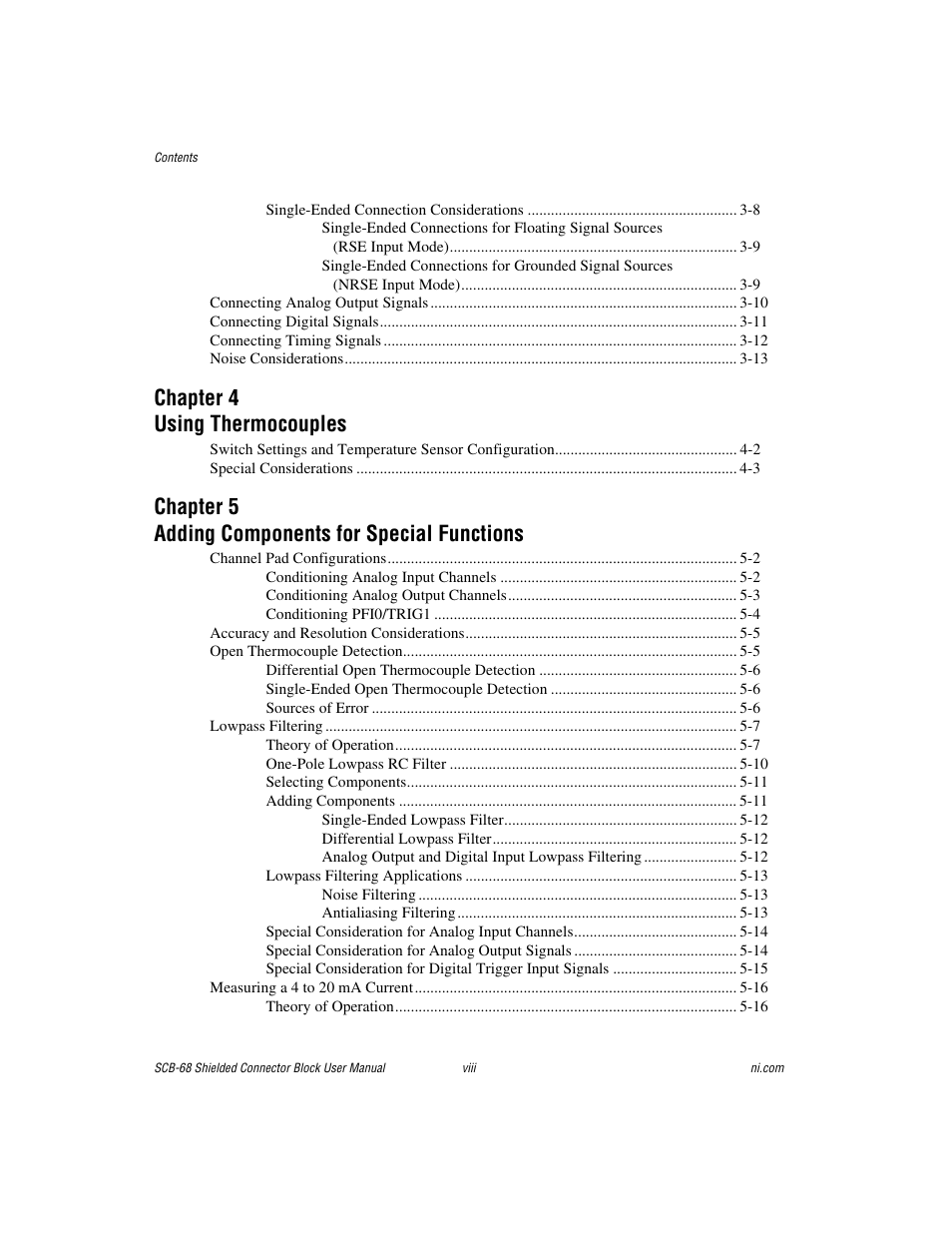 Chapter 4 using thermocouples, Chapter 5 adding components for special functions | National Instruments SCB-68 User Manual | Page 7 / 104