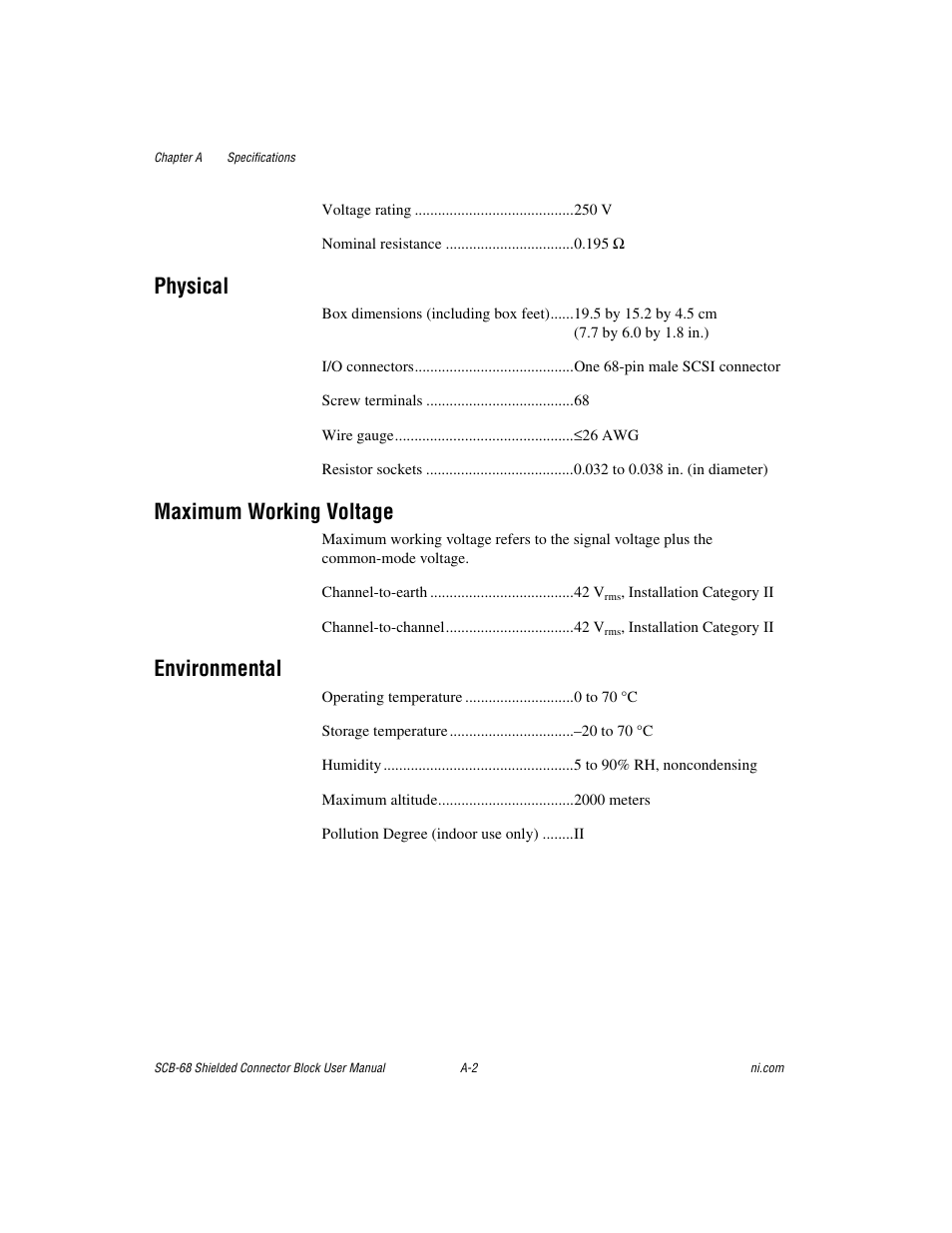 Physical, Maximum working voltage, Environmental | National Instruments SCB-68 User Manual | Page 71 / 104