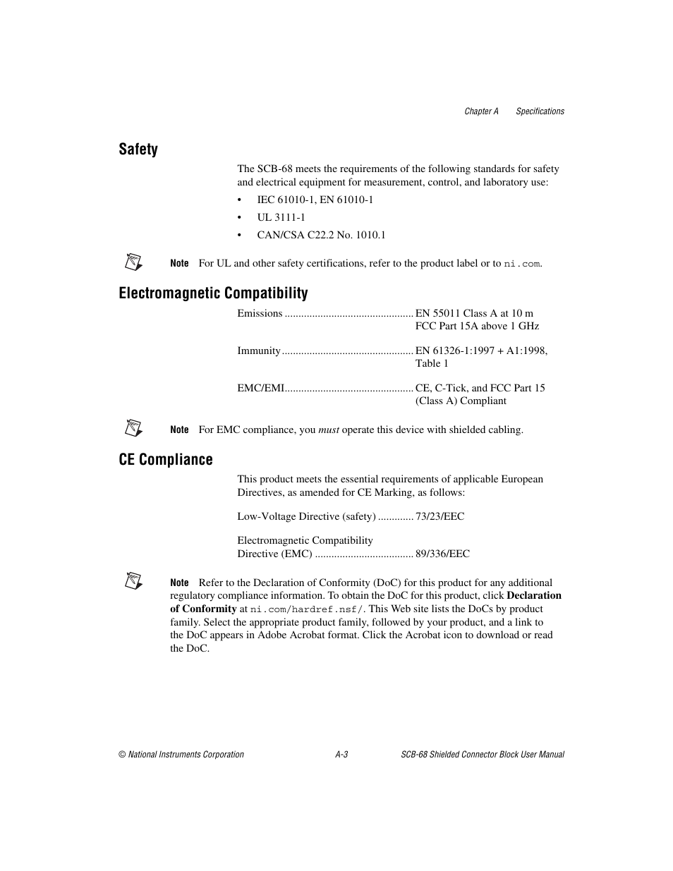 Safety, Electromagnetic compatibility, Ce compliance | National Instruments SCB-68 User Manual | Page 72 / 104