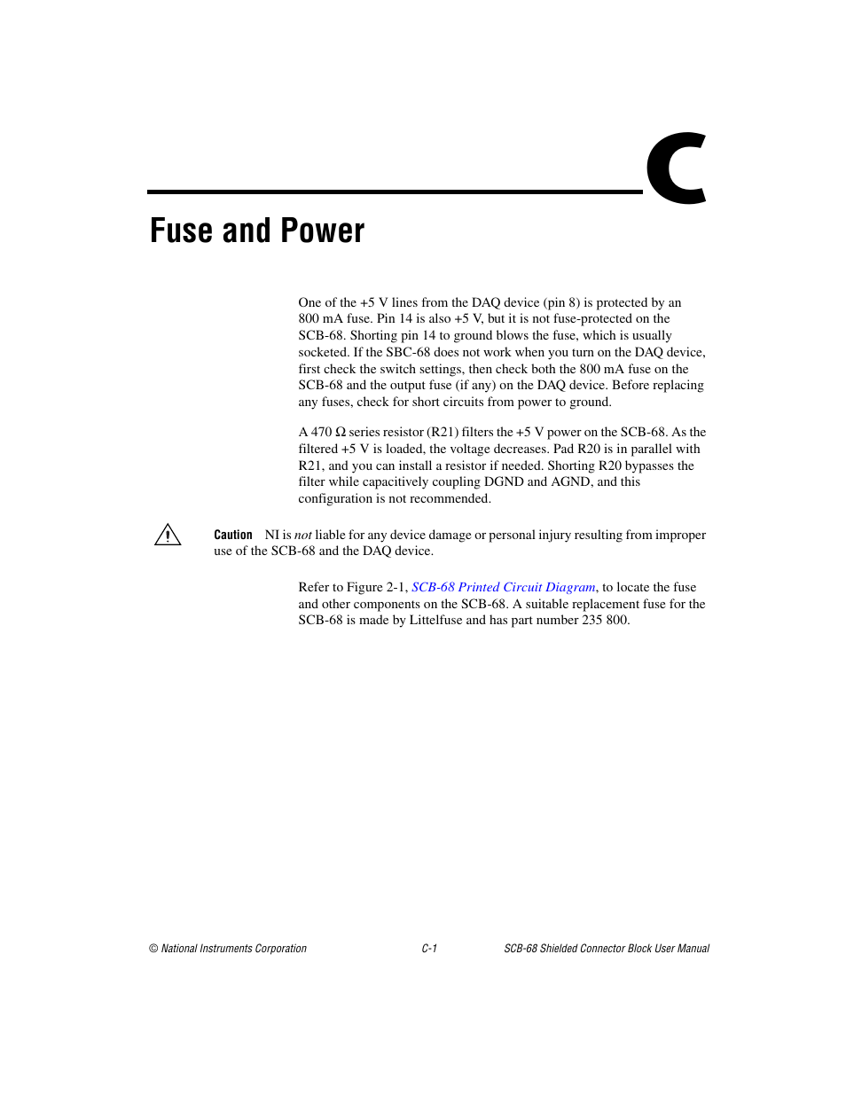 Appendix c fuse and power, Fuse and power | National Instruments SCB-68 User Manual | Page 81 / 104