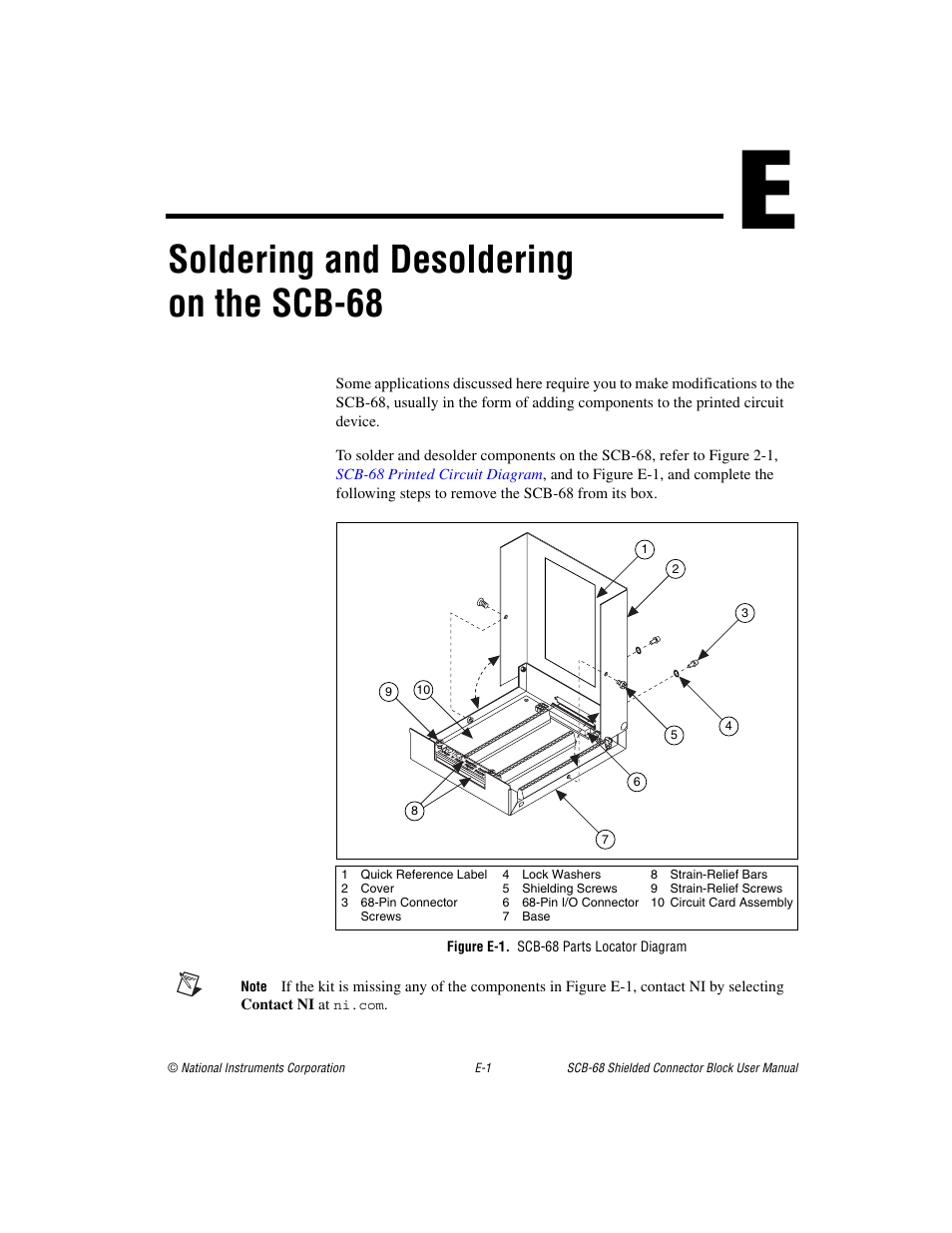 Appendix e soldering and desoldering on the scb-68, Figure e-1. scb-68 parts locator diagram, Soldering and desoldering on the scb-68 | National Instruments SCB-68 User Manual | Page 85 / 104