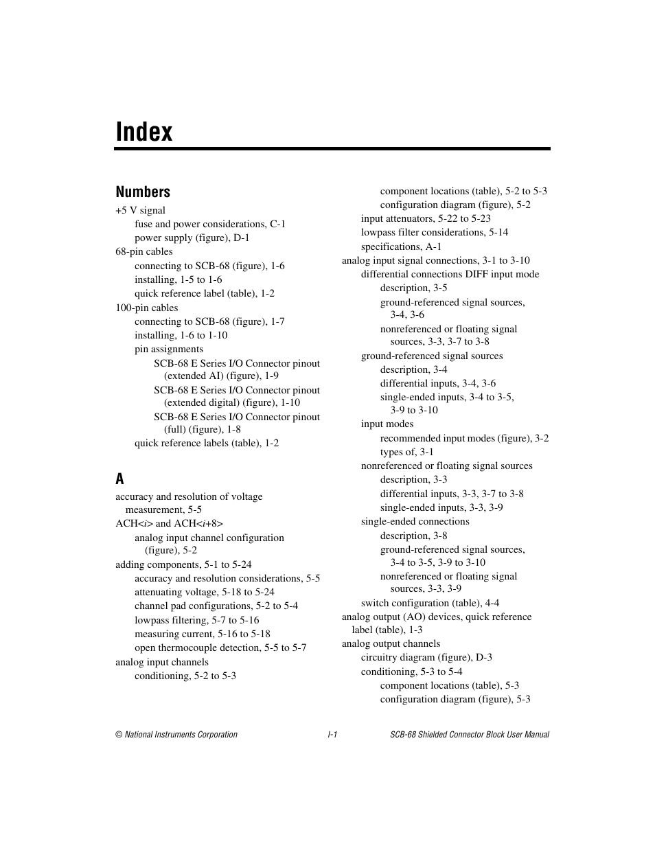 Index, Numbers | National Instruments SCB-68 User Manual | Page 97 / 104