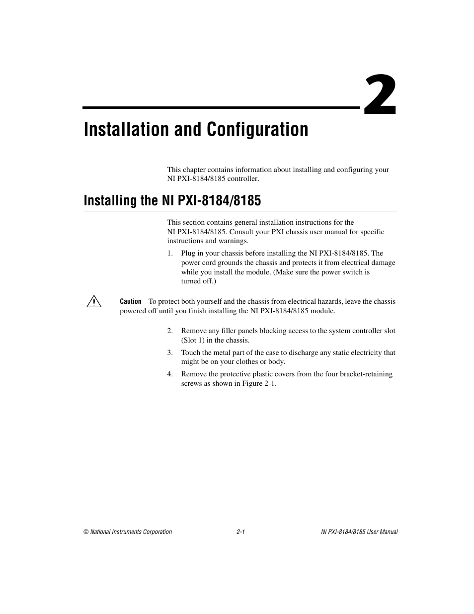 Chapter 2 installation and configuration, Installing the ni pxi-8184/8185, Installing the ni pxi-8184/8185 -1 | Installation and configuration | National Instruments PXI-8184 User Manual | Page 14 / 72