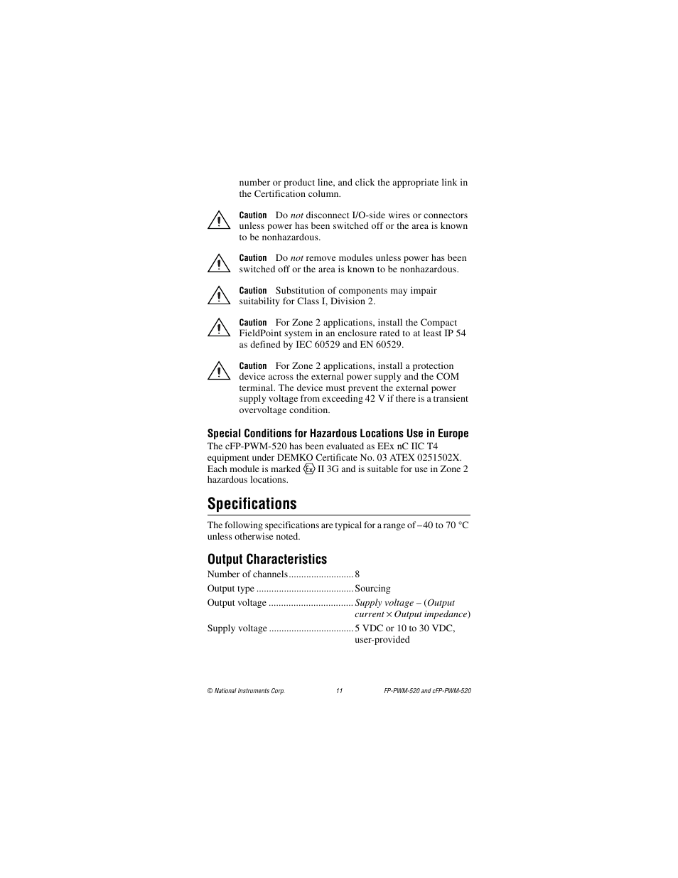 Specifications, Output characteristics | National Instruments FP-PWM-520 User Manual | Page 11 / 18