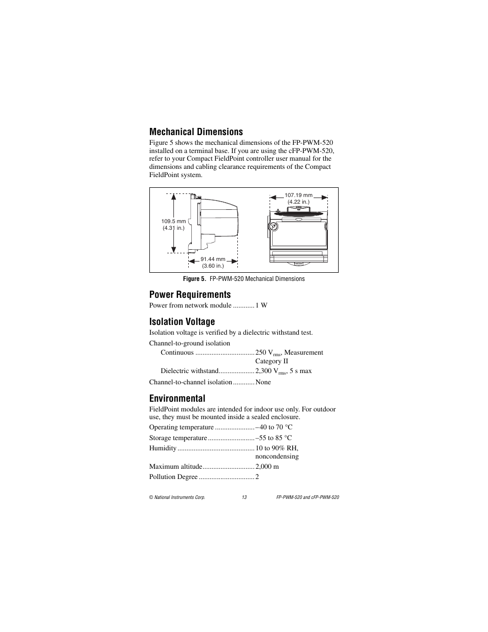 Mechanical dimensions, Figure 5. fp-pwm-520 mechanical dimensions, Power requirements | Isolation voltage, Environmental | National Instruments FP-PWM-520 User Manual | Page 13 / 18